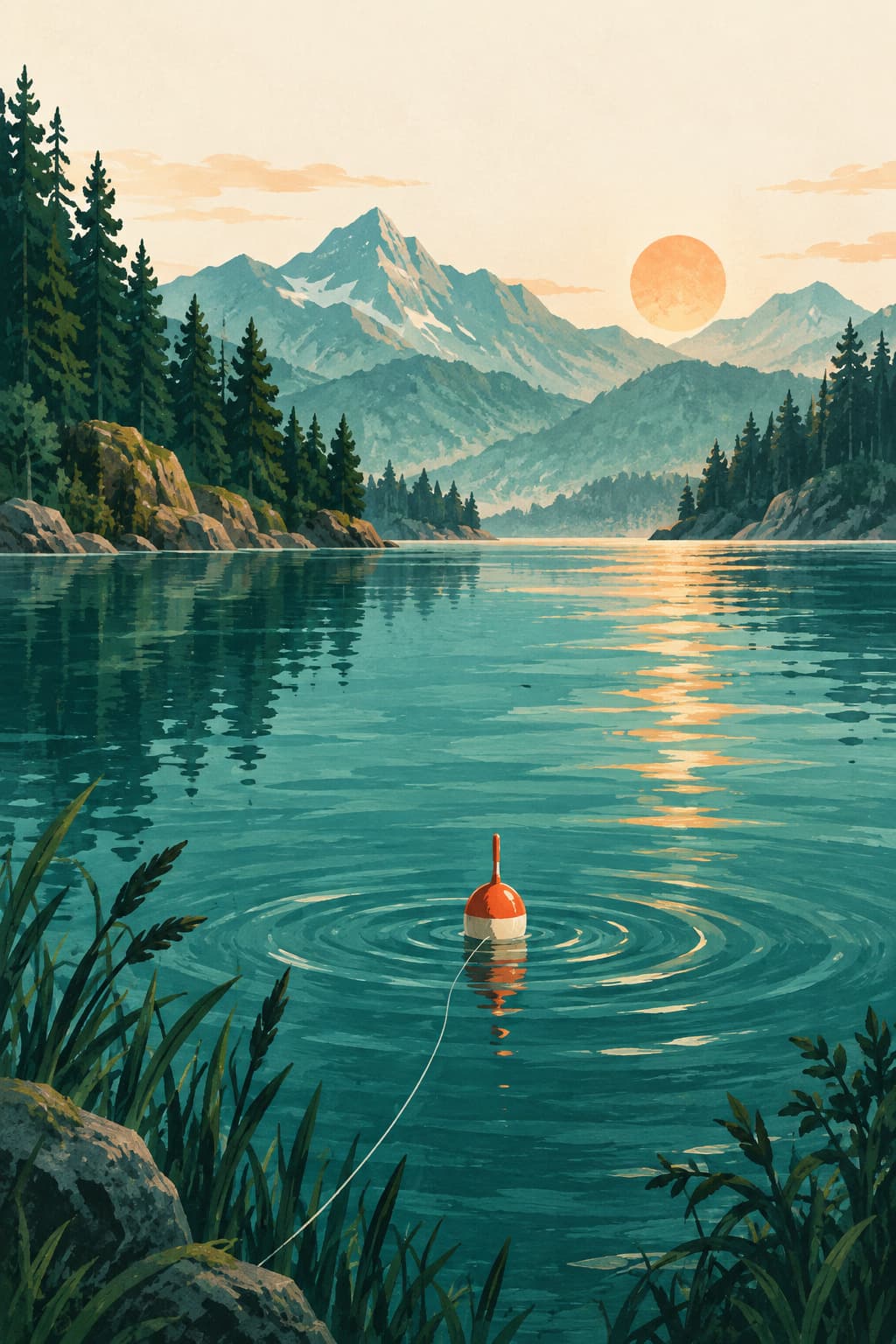 A fishing float resting on a mountain lake in the warm morning light
